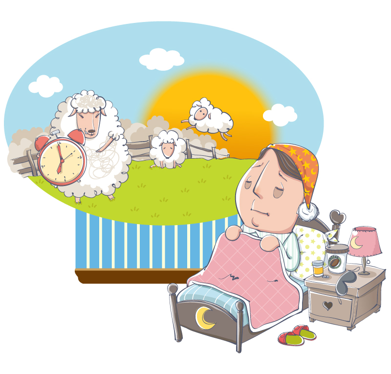 Cartoon man insomnia counting sheep illustrator vector material
