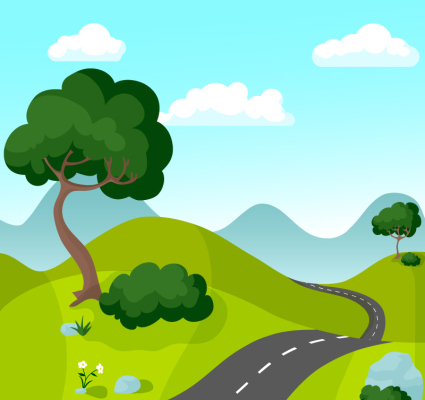Scenic mountain road between cartoon vector material
