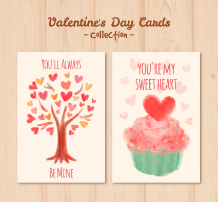 2 Watercolor valentine cards vector material