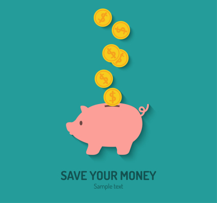 Pink piggy bank and gold coins vector material