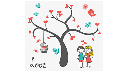 Giving Tree with cartoon couple vector material