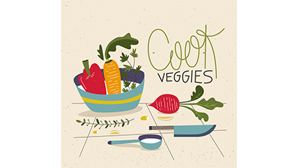 Coloured vegetables and kitchen utensils vector material