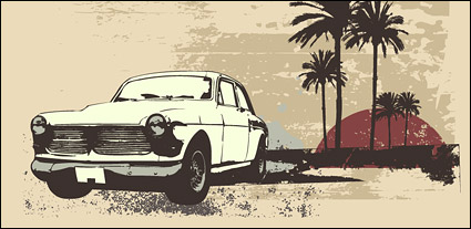 Coconut tree retro style car vector material