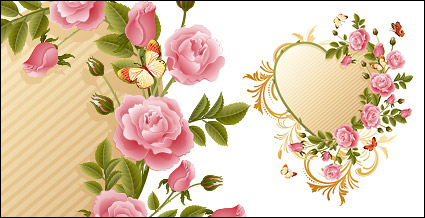 Beautiful pink rose heart-shaped vector material Butterfly