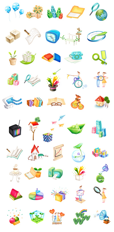 Balloons, blocks, gifts, pencils, chairs, clocks, keys, magic wand, lotus, seed icon