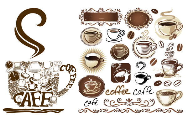 Coffee pot, coffee mugs, coffee beans, coffee shop decorated vector 