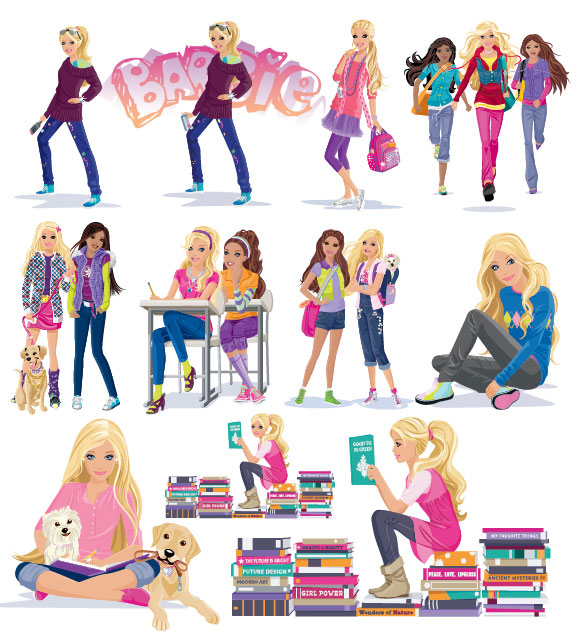 Girls, books, puppy vector 