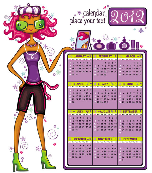 2012 cartoon girls calendar - Vector