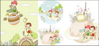 Travel Theme Dream Children Painting Vector material