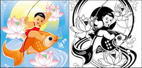 Paintings, lotus, fish, goldfish vector