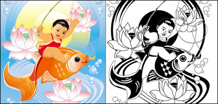 Paintings, lotus, fish, goldfish vector